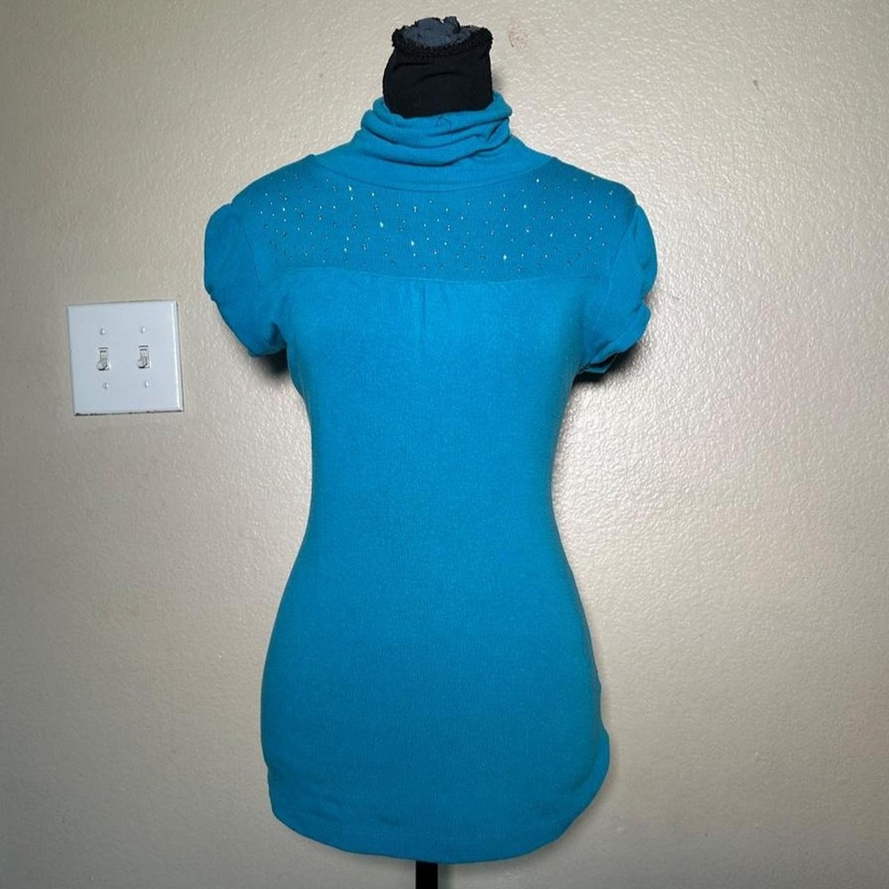 Turquoise Turtleneck Top M Rhinestone Y2K 2000s Blue Short Sleeve Embellished